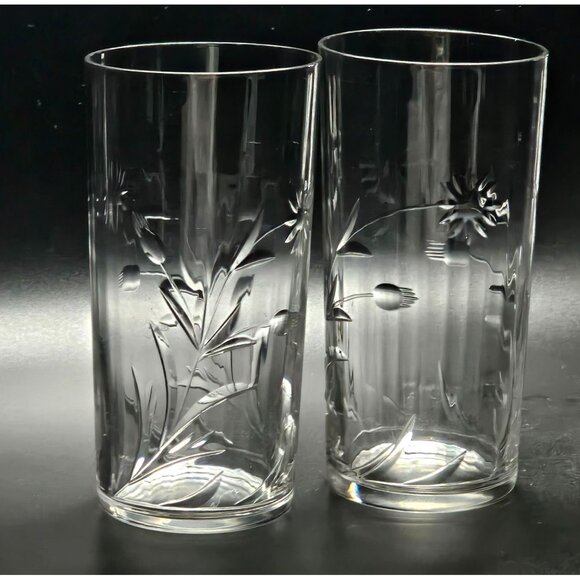 2 Depression Glass Floral Tumblers 4.75" vintage pointed flowers leaves - Picture 1 of 5